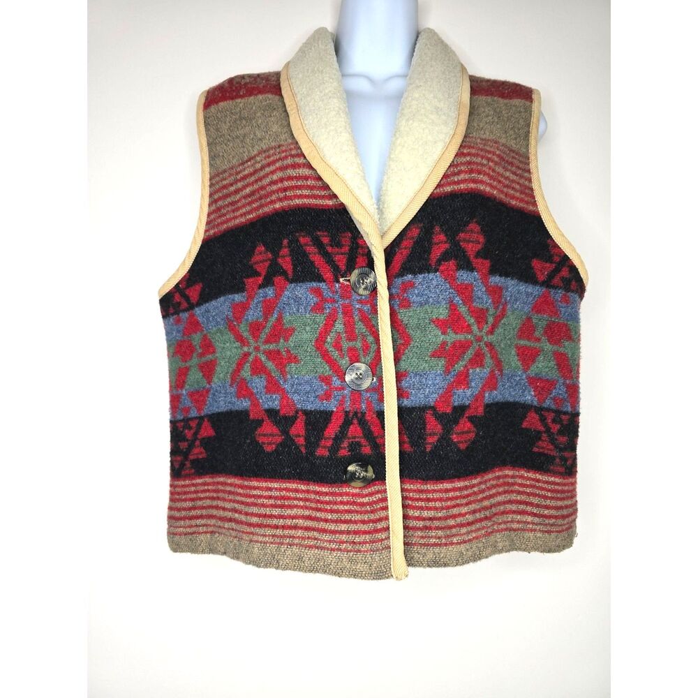 IVY Southwestern Wool Blend Vest Woman's M Red  Aztec Pattern Sherpa Trim Button